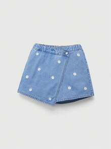Short vaquero de moda para adolescentes, lavado claro azul con diseño floral bordado, cintura elástica, corte evasé, suelto, para verano