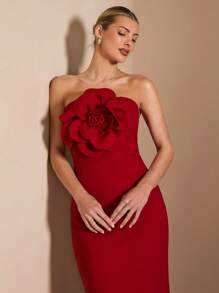 SHEIN BAE Women's Sleeveless Solid Red Maxi Dress, Elegant And Sexy With Romantic 3D Flower Decoration, Suitable For Graduation Ceremony, Cocktail Party, Romantic Date, Winter Layering, Party, Formal Event,Valentine's Day,Valentine Outfits For Women - Red - View 6