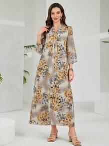Mulvari Vestido elegante de longitud media con estampado floral y mangas 3/4 para mujer