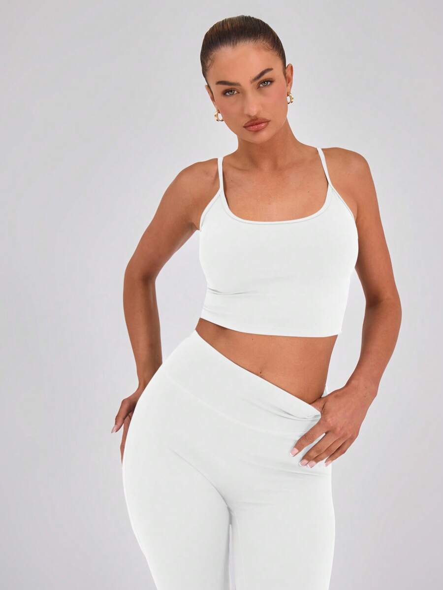 Musera Sport Slinky Spaghetti Strap Active-Wear Crop Cami Top Only, Padel, Tennis, Pickleball Gym Fitness Pilates Daily Casual - White - View 1