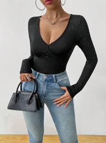 Chiquease Bodyduit ajustado y sexy de unicolor con lentejuelas, cuello escote corazón profundo y manga larga para mujeres - Negro - Ver 1