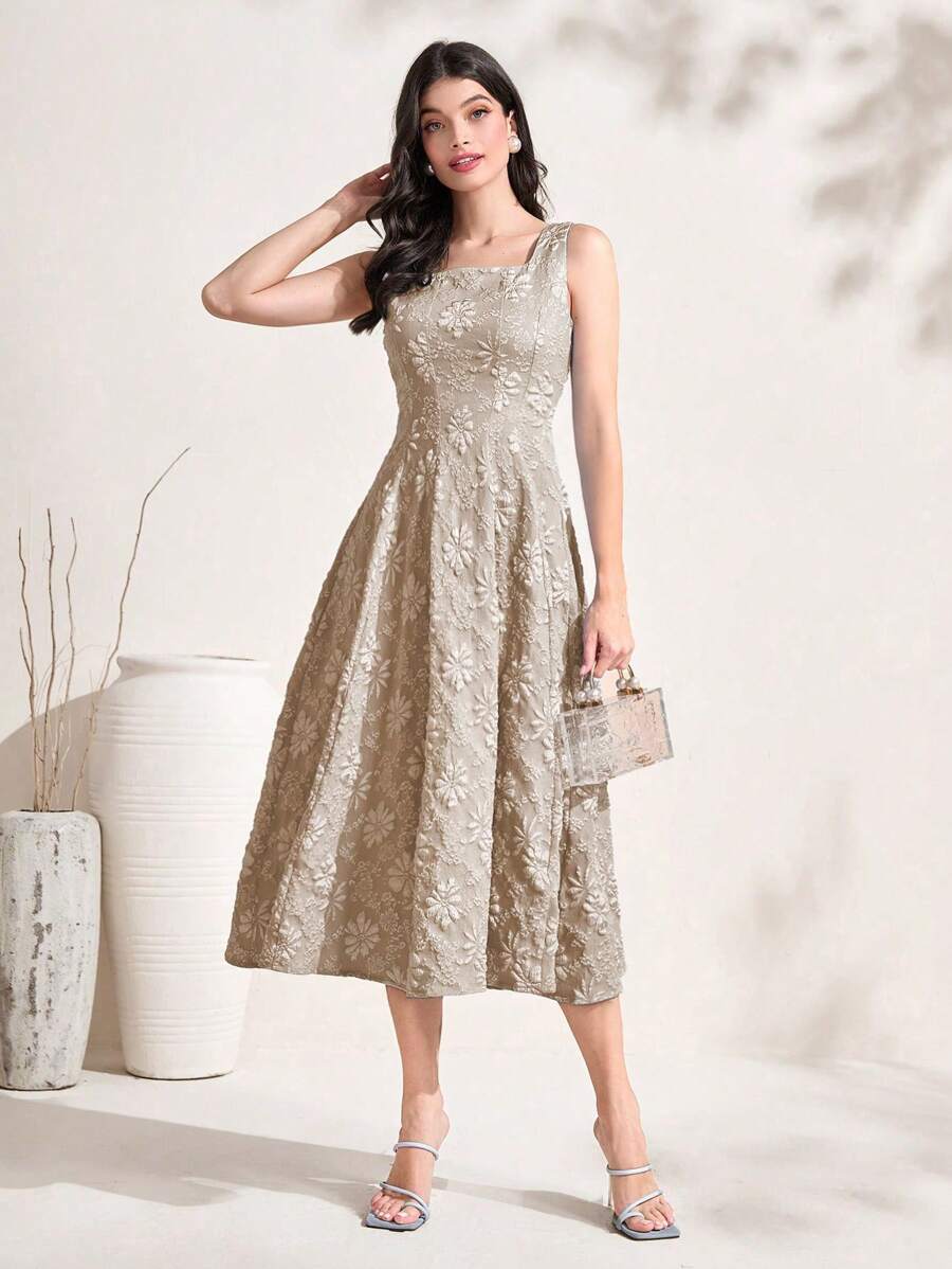 Modelyn Floral Zip Back Square Neck Dress Maxi Women Outfit - Khaki - View 1