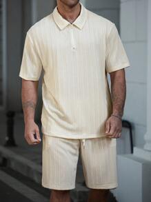 Manfinity Homme Plus Size Men Solid Color Short Sleeve Polo Shirt And Shorts Set - Apricot - View 1