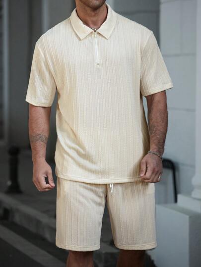 Manfinity Homme Conjunto de camisa polo de manga corta de unicolor y pantalones cortos para hombre de talla grande