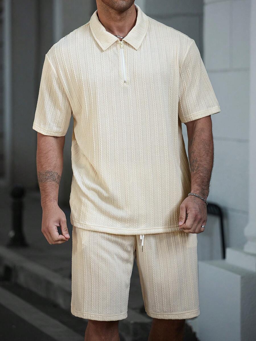 Manfinity Homme Plus Size Men Solid Color Short Sleeve Polo Shirt And Shorts Set - Apricot - View 1