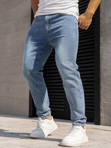 Manfinity Homme Men's Casual Washed Simple Tapered Leg Jeans - Light Wash - View 6