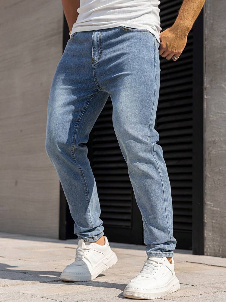 Manfinity Homme 男士休闲水洗简约锥形牛仔裤 - 淺色水洗藍 - 查看 6