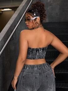 SHEIN ICON Plus Size Strapless Collar Simple Fitted Casual Denim Top - Black - View 2