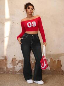 SHEIN ICON 大码前扣口袋蝴蝶结印花休闲牛仔裤 - 黑色 - 查看 6