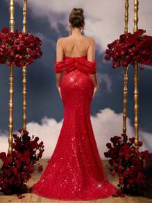 Glamrae 优雅红色奢华 3D 仿亮片露肩蝴蝶结装饰腰部网眼透视鱼尾礼服，带拖尾的婚礼宾客礼服，派对礼服，晚礼服