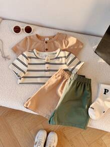 SHEIN 4pcs Baby Boys/Girls Casual Striped Short Sleeve T-Shirt And Elastic Waist Cargo Shorts Set, Suitable For Spring/Summer Wear, Casual Or Outings