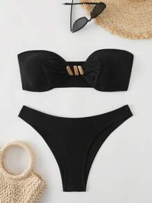 Swim Chiccia Springbreak Solid Color Chest & Front Button Shiny Elegant Bikini Set For Women