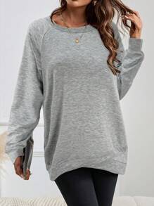 EMERY ROSE Women's Plain Round Neck Raglan Sleeve Casual Sweatshirt - Light Grey - View 4