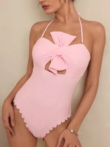 1pc Women's Solid Color Bowknot Accent One-Piece Swimsuit, For Summer Beach Vacation
