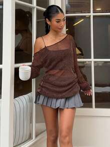 SHEIN EZwear 女士纯色斜肩长袖休闲上衣，适合度假穿着 - 棕色 - 查看 4