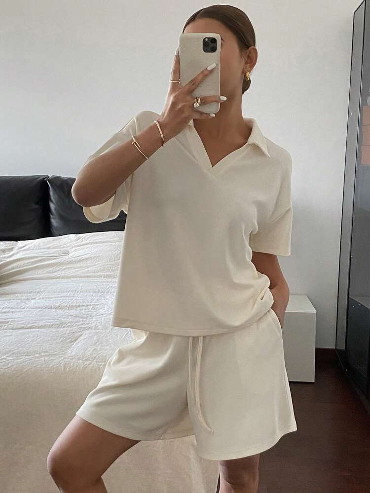 2pcs Women Set: Solid Color Drop Shoulder Blouse And Shorts, Summer Clothes