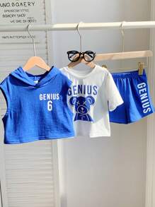 SHEIN Ensemble de 3 pièces pour bébés garçons/filles: Top à capuche tricoté à motif souriant, Top pull à manches courtes col rond tricoté, et short à taille élastiquée