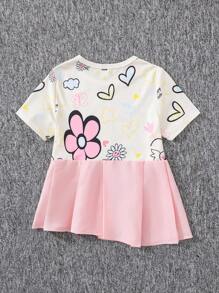 SHEIN Tween Girls' Loose Casual Patchwork Floral Print Round Neck Ruffle Hem T-Shirt - Pink - View 5