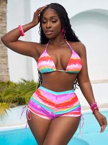 Slaydiva Summer Gradient Printed Frill Two-Piece Swimwear Bikini Beach Shorts Set - Multicolor - View 2