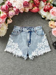 SHEIN Tween Girls Summer Boho Floral Appliques Contrast Lace Raw Hem Denim Jeans Shorts With Slant Pocket,Girls Summer Vacation Shorts Outfits