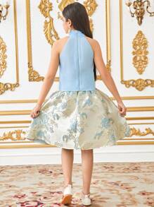 SHEIN Leap Crew Tween Girls 优雅花卉提花吊带上衣和裙子 2 件套 - 藍色 - 查看 3