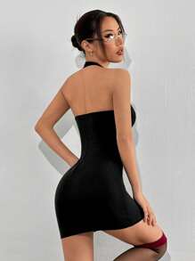 Muchica Black Halter V-Neck Bodycon Mini Dress - Black - View 2