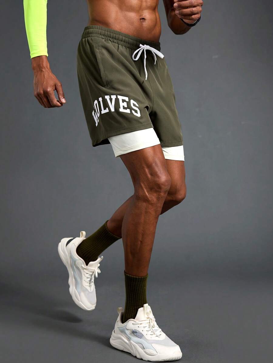Coreblaze 1pc Men's 2-In-1 Double Layer Quick Dry Breathable Shorts Boyfriend Style Men's Letter Print Drawstring Waist Casual Sports Shorts Fitness - Green - View 1
