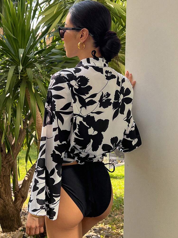 Floral Print Long Sleeve V-Neck Tie-Up Casual Holiday/Vacation Blouse, For Women, Spring/Summer,Fall Clothes Boho