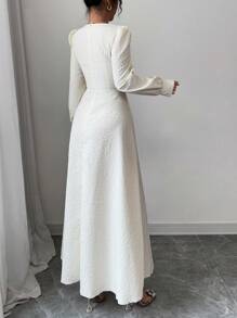 Modelyn Women's Jacquard Splicing Lace A-Line Long Sleeve Dress - Apricot - View 2