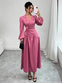 Modelyn Vestido largo casual de mujer de unicolor, de manga larga, cuello plano simple y plisado - Rosa - Ver 3