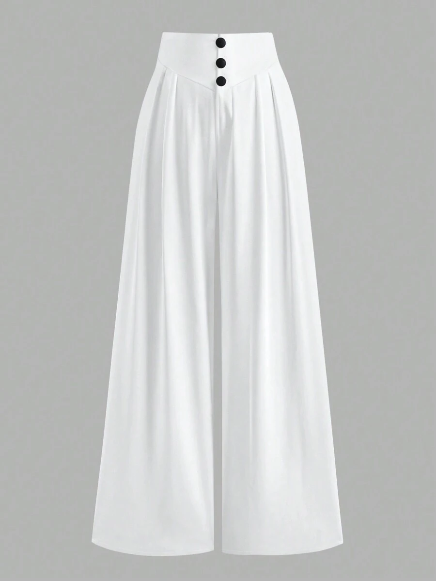 SHEIN LUNE 大码女式纽扣装饰阔腿裤，优雅 - 白色 - 查看 1