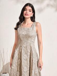 Modelyn Floral Zip Back Square Neck Dress Maxi Women Outfit - Khaki - View 6