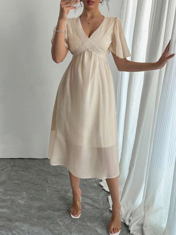 DAZY Women Deep V-Neck Patchwork Waist Solid Chiffon Dress, Suitable For Dates & Night Wear Prom Dress Maxi Dress - Apricot - View 4