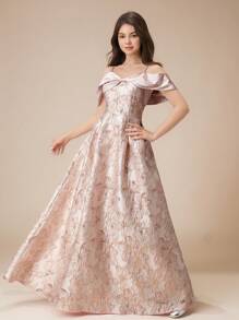 Teen Girls High-End Off Shoulder Spaghetti Strap Jacquard Patchwork Glossy Bow A-Line Long Dress, Flower Girl Ball Gown Pageant Formal Party - Pink - View 1