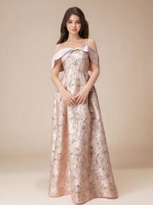 Teen Girls High-End Off Shoulder Spaghetti Strap Jacquard Patchwork Glossy Bow A-Line Long Dress, Flower Girl Ball Gown Pageant Formal Party - Pink - View 4