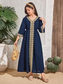 Tween Girls' Elegant V-Neck Long Sleeve Dress