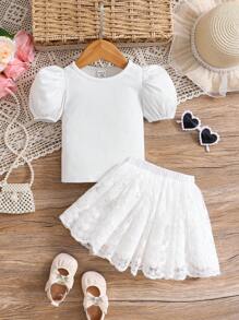 SHEIN Baby Girls 2Pcs Set Solid Color Knit Ruffle Sleeve Top And Mesh Skirt Outfit - White - View 8