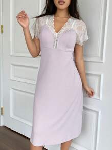 DAZY 浪漫撞色蕾丝拼布露背女士睡裙睡衣 - 粉色 - 查看 4