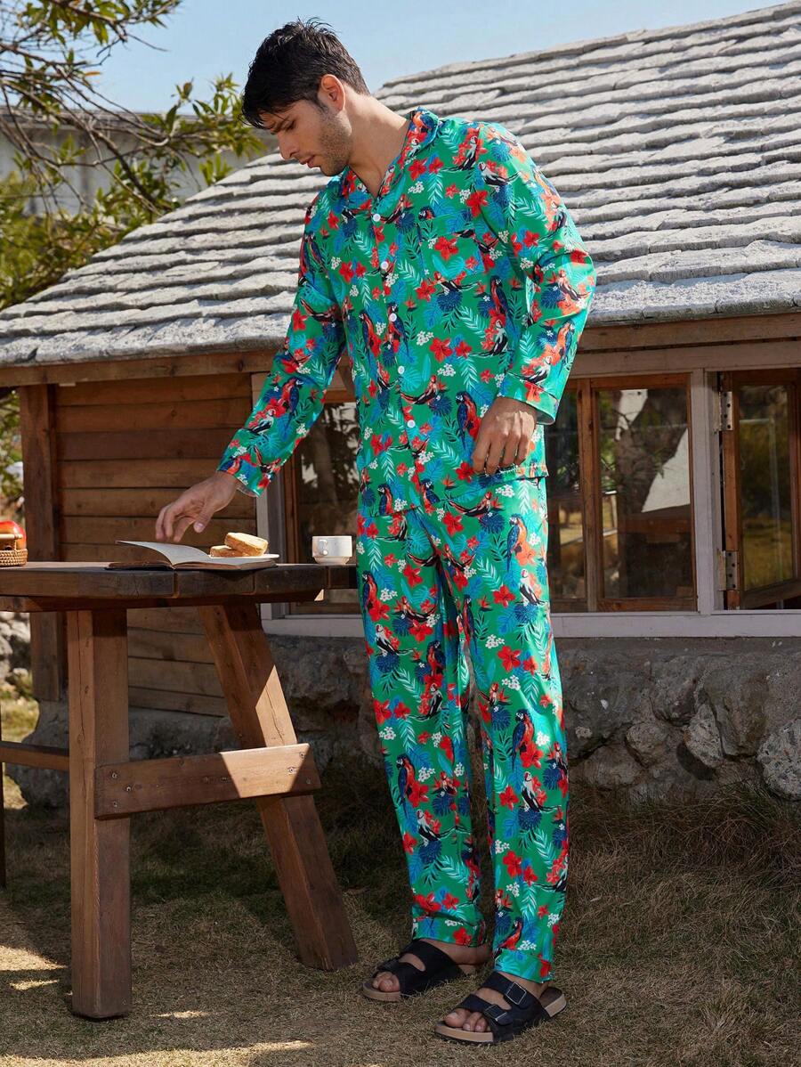 Manfinity ChillVibe Men's Front Button Long Sleeve Printed Minimalist Top & Pants Pajama Set - Mint Green - View 1