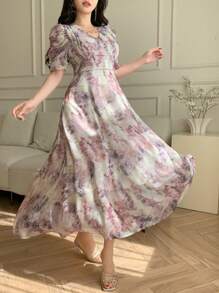 DAZY 女士 V 领短袖花卉印花休闲优雅连衣裙 - 淡紫色 - 查看 3