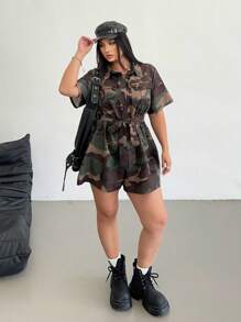 Flirla Plus Size Women Street-Style Casual Camo Print Jumpsuit