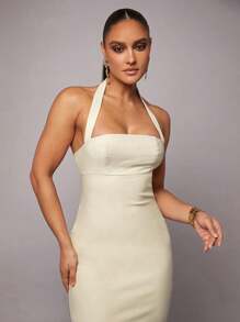 Silquee Solid Color Cream Romantic Valentine's Day & Date Night Vacation Women's Linen Color Pleated Hem Halter Dress, Valentine's Day Dress, Twill Party Dress, Romantic Date Dress, Wedding Bridesmaid Maxi Dress, Formal Ball Gown Dress, Casual Work Dress, White Dress, Birthday Maxi Dress, Vacation Dress,Sexy Office Wear,Old Money,Festival Outfits,Summer Classic,Old Money Style Maxi Dress,Twill Maxi Dress,Casual Office Maxi Dress,Linen Color Dress - White - View 5