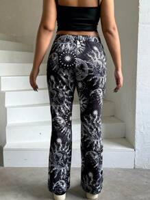 SHEIN Allurite Astrology Star Pattern Flared Sweatpants - Black - View 2