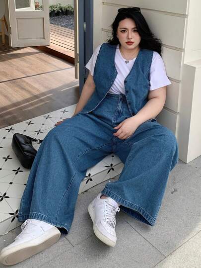 Dazy Plus مجموعة 2 قطعة جاكيت جينز بلا أكمام وبنطلون جينز أحادي اللون مغسول، مناسب للربيع/الصيف/الخريف