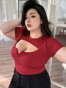 Dazy Plus 大码弹力修身圆领镂空短袖T恤，中国新年，春夏 - 紅色 - 查看 1