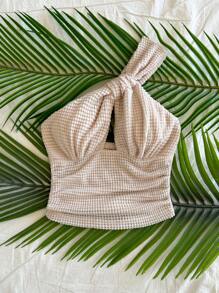 Soleia 女士度假镂空露背短款上衣，休闲夏日 - 杏色 - 查看 7