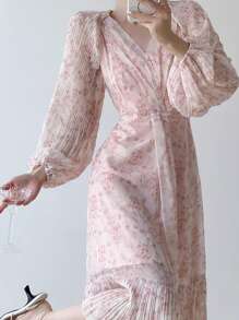 DAZY Women All Over Floral Print Waist Cinched Long Dress,Fall Dress Long Sleeve Dress - Pink - View 7