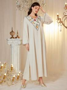Al Najma Women's Elegant Floral Embroidered White Abaya, Arabic Islamic Dress For Women, Moroccan Caftan, Modest Kaftan