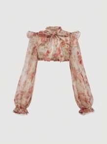 SHEIN MOD Conjunto de cárdigan de manga linterna de estampado floral y vestido tubo, con volantes, lazos, para té, baile, fiesta, elegante, cortesano, múltiples formas de usar, conjuntos, disfraz, vestido mini de organza sin tirantes con copas con aros y un chaquetilla desmontable con ballenas para estructura, largo mini plisado con detalle de borde ondulado en el bajo.