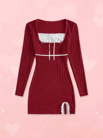 Kawaii Valentine's Day Sweetheart Neck Lace Splice Ballet Colorblock Tight Bodycon Dress For Women